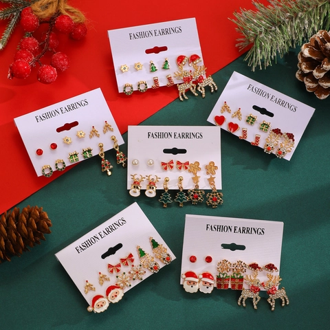 Christmas Earring Set Zinc Alloy Rhinestone Santa Claus Reindeer Snowflake Tree Bow Dangle Earrings For Women Festive Jewelry Gift