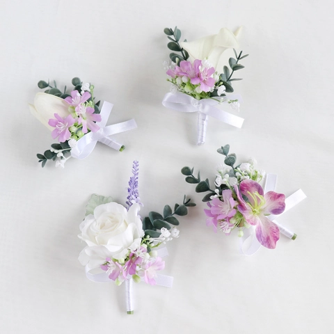 Artificial Boutonniere Satin Flower Wedding Corsage With White Rose Calla Lily Lavender For Groom Groomsmen Formal Ceremony