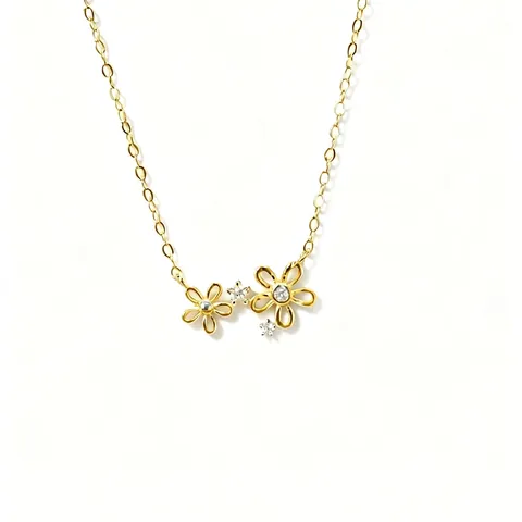 Collar de Doble Flor de Plata de Ley 925 Bañado en Oro de 14K Cadena de Clavícula Minimalista con Strass para Mujer Joyas