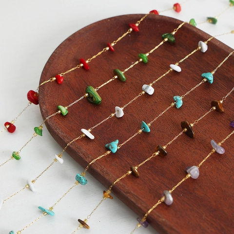 Natural Gemstone Chip Beaded Necklace Titanium Steel Handmade Irregular Stone Bohemian Fashion For Women