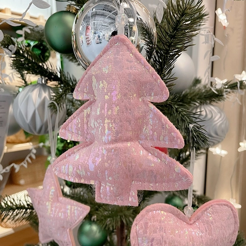 Ornamenti Appesi Di Natale Rosa Iridescente Paillettes Peluche Stella Cuore Albero Forme Per Decorazione Festa Casa