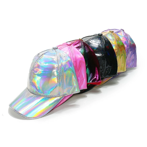 Holografische PU Leder Baseballkappe Glänzende Laser Metallische Reflektierende Hip Hop Punk Streetwear Hut Für Damen Herren
