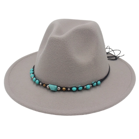 Ethnic Western Cowboy Fedora Hat For Women Men Large Brim Cotton Felt Hat With Turquoise Beads Bohemian Style Jazz Hat
