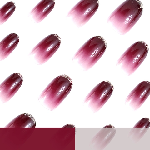 Uñas Postizas A Presión Degradadas Rojo Vino Estilo Francés Ovaladas Con Brillo Dorado Uñas Artificiales Brillantes Mujeres