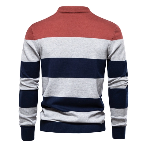 Heren Polo Trui Lange Mouwen Katoenmix Gebreide Gestreept Patchwork Slim Fit Casual Herfst Pullover Voor Heren