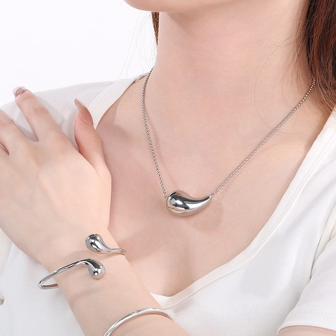 Minimalist Stainless Steel Teardrop Jewelry Necklace Earrings Bracelet For Women Polished Chubby Waterdrop Pendant Jewelry