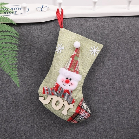 Christmas Stocking Linen Burlap 3D Santa Snowman Reindeer With Joy Snow Wooden Letters Hanging Gift Bag Xmas Decor