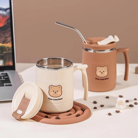 Cute Cartoon Bear Insulated Stainless Steel Coffee Mug With Handle Lid And Foldable Spoon Portable Desktop Drinking Cup