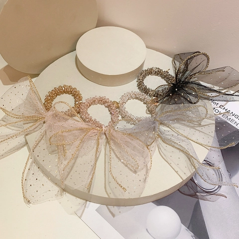 Chouchou Noeud En Tulle Avec Perles De Cristal Paillettes Bord Doré Élastique Style Fée Support Queue De Cheval
