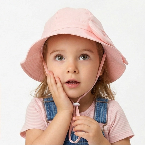 Toddler Girls Sun Hat Wide Brim Bucket Hat With Bow Decor Breathable Polyester Summer Outdoor Protection Chin Strap