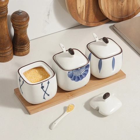 Japanese Style Ceramic Seasoning Jars With Bamboo Tray Underglaze Hand Painted Spice Storage Bottles Kitchen Organizer