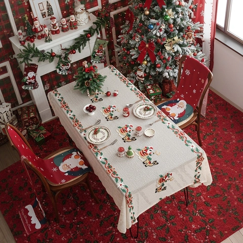 Christmas Tablecloth Rectangle Lace Embroidery Festive Santa Reindeer Bell Snowflake Pattern For Dining Room Holiday Party Decoration