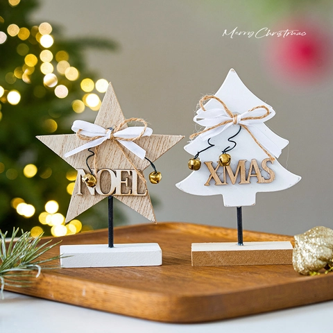 Christmas Wooden Tabletop Ornaments Star Angel Tree With Bells And Bows Rustic Holiday Decor For Living Room Office