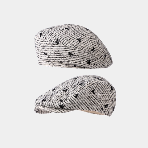 Women Tweed Cotton Beret Newsboy Cap Vintage Bow Pattern Fashion Painter Hat Autumn Winter Accessory