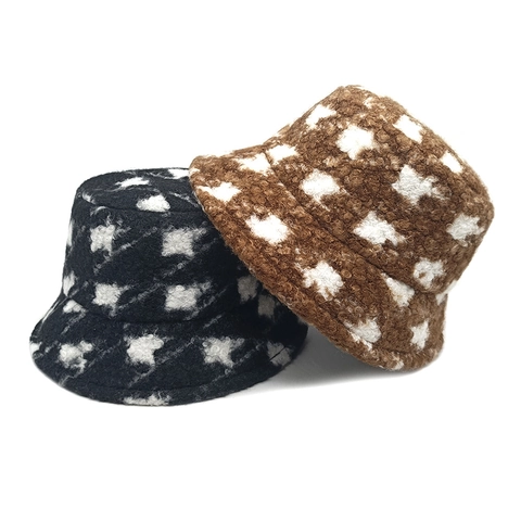 Vintage Checkered Teddy Plush Bucket Hat Warm Thickened Faux Lamb Wool Basin Cap For Women Winter Outdoor