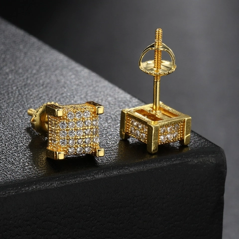 Hip Hop Square Stud Earrings Copper With Cubic Zirconia And Silver Earring Post Iced Out Punk Streetwear Jewelry For Men