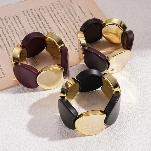 Chunky Acryl Legering Splicing Elastische Armband Voor Dames Retro Geometrisch Goud Mat Mode Sieraden Vintage Bangle