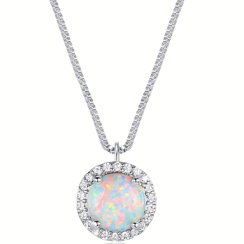 Collier Et Boucles D'oreilles Pendentif Opale Ronde Opale De Feu Créée En Laboratoire Zircone Cuivre Chaîne Ajustable Élégant Pour Femme