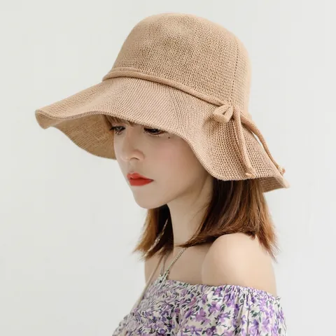 Women Knitted Straw Bucket Hat Wide Brim Sun Protection Foldable Ribbon Bow Summer Beach Elegant Fisherman Hat