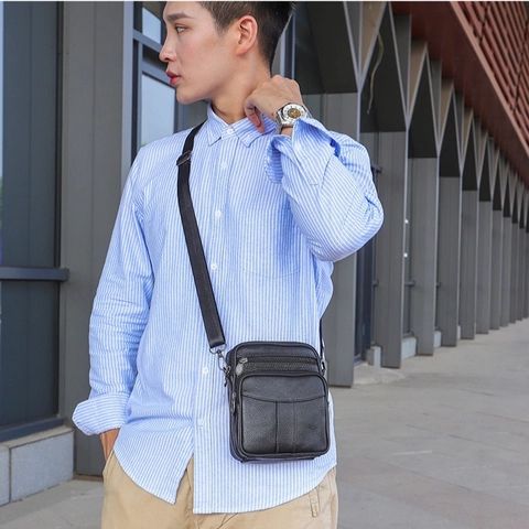 Men Crossbody Bag Genuine Cowhide Leather Lychee Pattern Multi-Pocket Large Capacity Business Casual Shoulder Messenger Bag