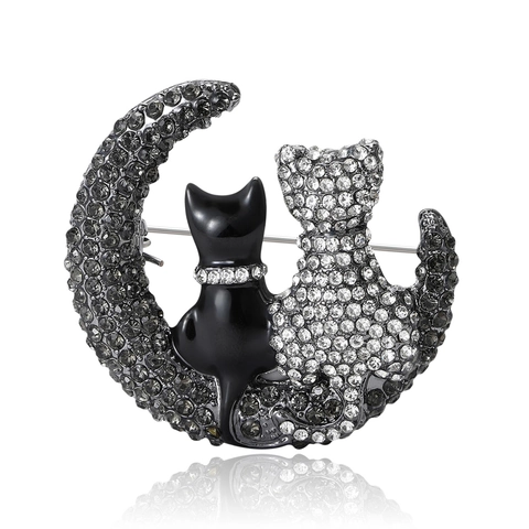 Modieuze Legering Broche Met Strass Katten Op Halve Maan Vintage Stijl Decoratieve Speld Voor Dames