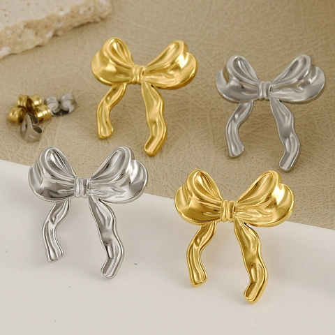 Süße 304 Edelstahl Schleife Ohrstecker Für Damen Gold Silber Vergoldet Unregelmäßiges Band Design Mode Schmuck