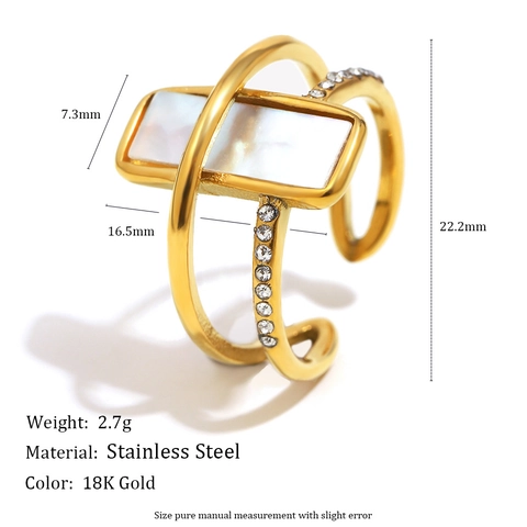 Lagiger Offener Ring Edelstahl 18K Vergoldet Weißes Perlmutt Zirkonia Geometrisch Verstellbar Für Damen