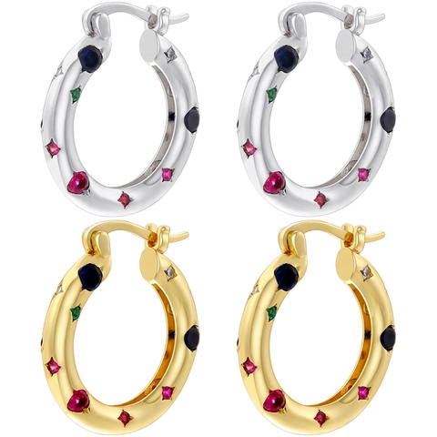 Luxury Copper Zirconia Colorful Rhinestone Hoop Earrings For Women Fashion Star Heart Round Inlaid Gold Silver Jewelry