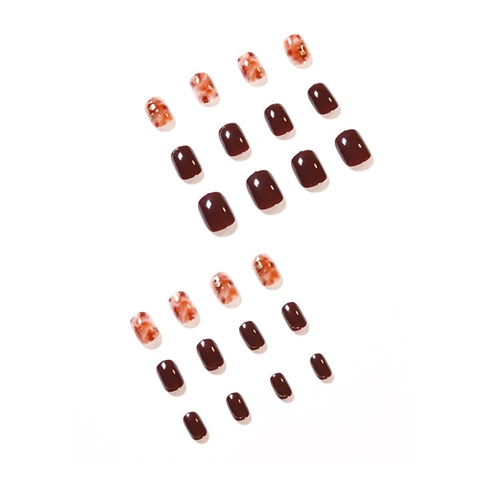 Glossy Press On Nails Short Round Square Amber Tortoiseshell Wine Red Gold Foil Artificial Nails For Women