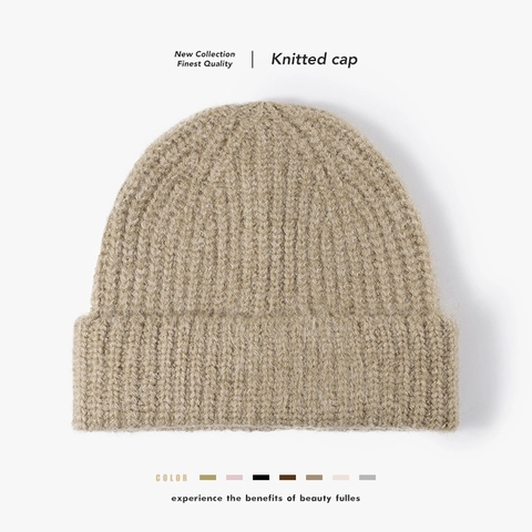 Bonnet En Tricot Nervuré Couleur Unie Chaud Épais Mélange De Laine Hiver Extérieur Bonnet À Revers Pour Femmes Élégant