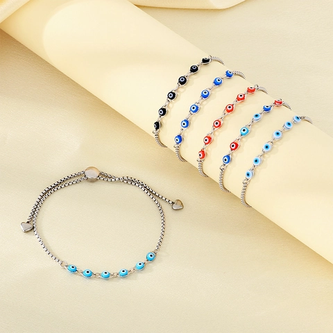 Adjustable Evil Eye Bracelet Stainless Steel Resin Beads Turkish Lucky Jewelry Heart Charm For Women Personal Fashion Accessory