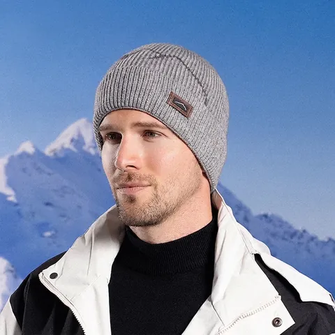 Berretto In Maglia Invernale Da Uomo Foderato In Pile Caldo Antivento All'Aperto Sci Motivo Montagna Toppa In Pelle Acrilico