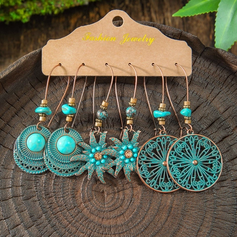 Bohemian Dangle Earrings Vintage Alloy Turquoise Tassel Geometric Ethnic Style Retro Jewelry For Women