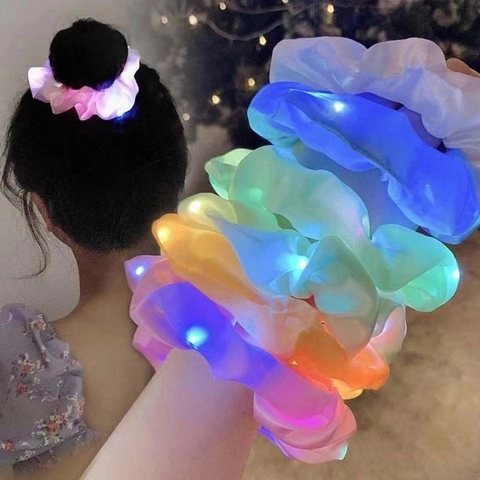 LED Luminous Satin Scrunchies Glowing Elastic Hair Ties For Party Night Club Adjustable Lighting Modes Neon Headwear
