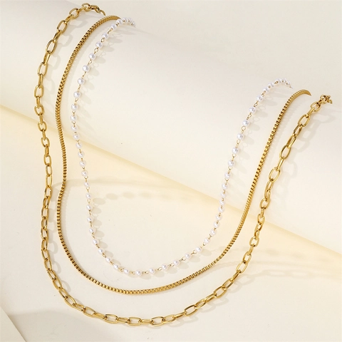 Layered Necklace Stainless Steel 18K Gold Plated With White Faux Artificial Pearl Paperclip And Box Chain Fashion Jewelry For Women