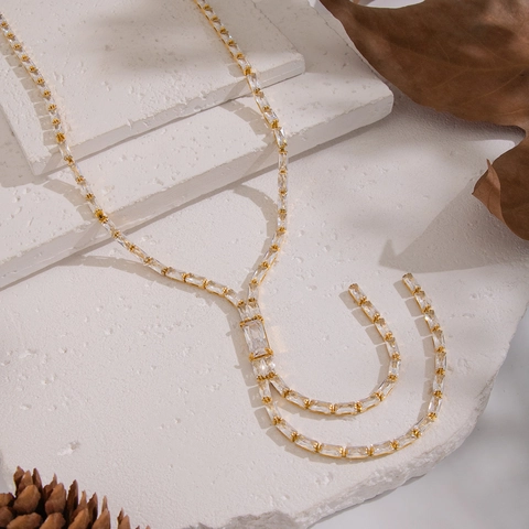 Y-Shape Lariat Necklace 304 Stainless Steel 18K Gold Plated Rectangular Cubic Zirconia Tassel Tennis Chain For Women