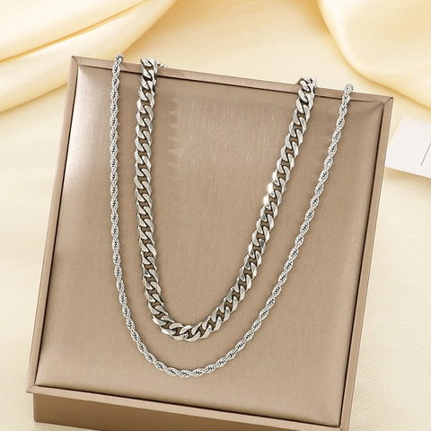 Multilayer Layered Necklace Stainless Steel 18K Gold Plated Cuban Link Rope Chain Hip Hop Jewelry For Women