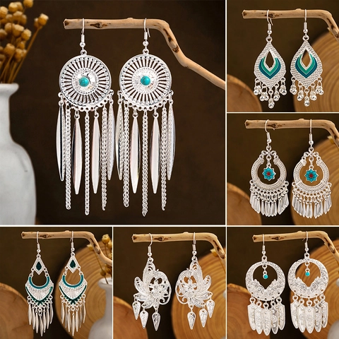 Boho Ethnic Tassel Dangle Earrings Vintage Hollow Out Jewelry With 925 Sterling Silver Earring Post For Women
