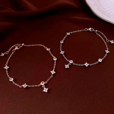Pulsera De Flor De Cobre Y Circonita Joyería Cadena Trébol Elegante Para Mujer Bañada En Oro Ajustable