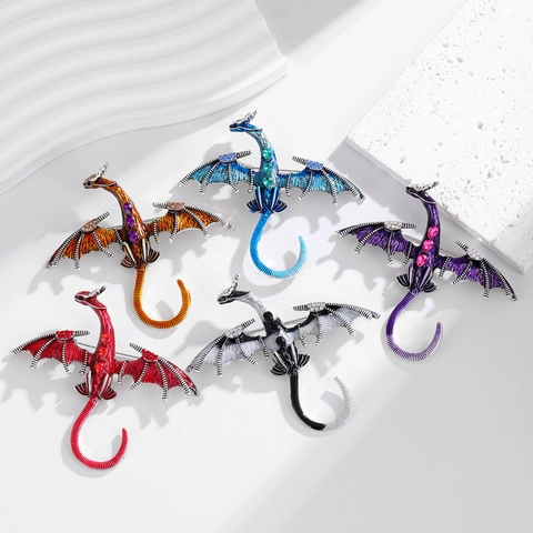 Fantasy Flying Dragon Brooch Vintage Enamel Rhinestone Inlaid Mythical Animal Pin For Clothing Women Jewelry Accessories