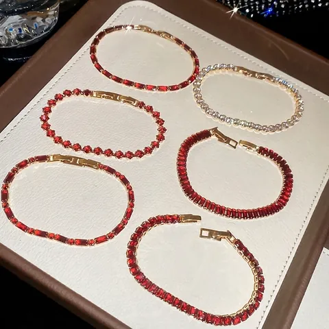 Pulsera De Tenis De Lujo Con Zircón Rojo Para Mujer Cobre Bañado En Oro Joyería De Muñeca Con Piedras Geométricas Accesorios De Moda