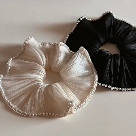 Scrunchie In Raso Pieghettato Stile Francese Con Bordo In Künstliche Perle Sintetiche Elastico Vintage Accessorio Per Capelli