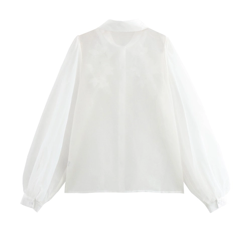 Camicetta Elegante Donna Bianca Organza Ricamo Floreale Künstliche Perle Manica Lanterna Stile Francese Top Trasparente