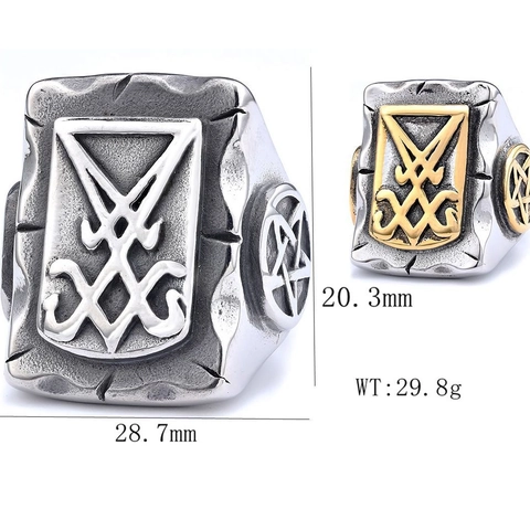 Stainless Steel Ring Sigil Of Lucifer Gothic Punk Satanic Vintage Distressed Jewelry For Men Women