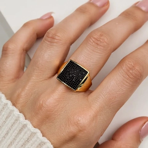 Square Face Ring Gold Plated Copper Pavé Zircon Geometric Hip Hop Style Adjustable Unisex