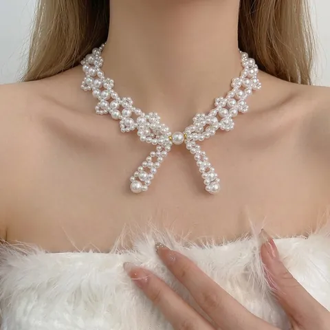 Collana Künstliche Perle Con Fiocco Elegante Vintage Acciaio Inossidabile Intrecciata Pizzo Cavo Catena Clavicola Per Donna Gioielli