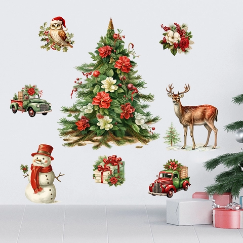 Kerst Muurstickers PVC Waterdicht Sneeuwpop Rendier Boom Vintage Truck DIY Decoratie
