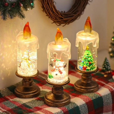 Bougie LED Noël Boule À Neige Eau Paillettes Père Noël Bonhomme De Neige Base Bronze Rétro Plastique Décoration De Fête