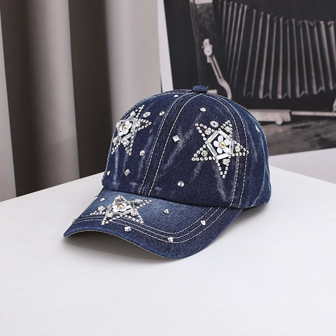 Berretto Da Baseball In Denim Da Donna Con Stella Pentagramma In Strass E Decorazione Floreale Di Künstliche Perle