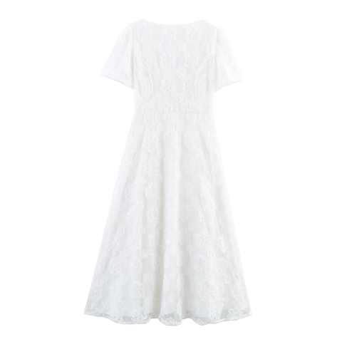 Elegante Vestido Largo De Encaje Blanco Cuello Cuadrado Manga Corta Bordado Floral 3D Perlas Artificiales Lentejuelas Fiesta Mujer